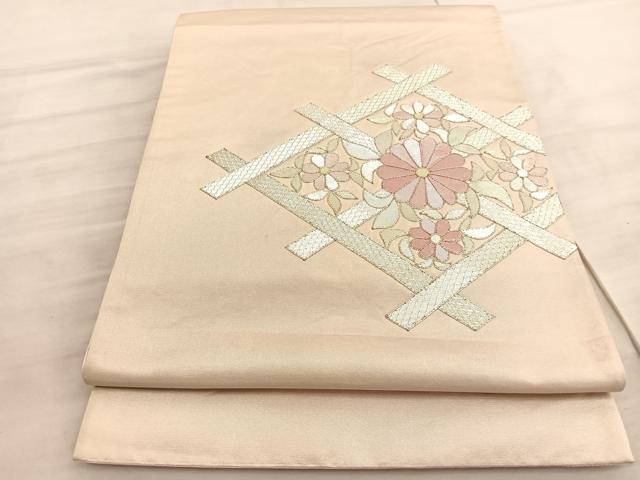 平和屋着物◎太鼓柄袋帯 駒刺繍 花菱文 銀糸 引箔 正絹 逸品 BAAV8650hv