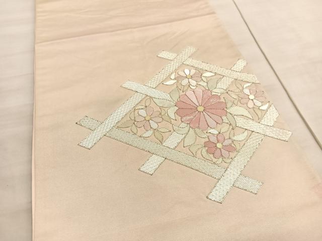 平和屋着物◎太鼓柄袋帯 駒刺繍 花菱文 銀糸 引箔 正絹 逸品 BAAV8650hv