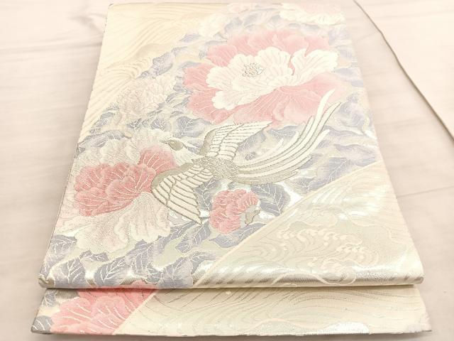 平和屋着物◎六通柄袋帯 唐織 尾長鳥牡丹文 銀糸 正絹 逸品 BAAV8686hv