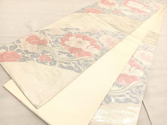 平和屋着物◎六通柄袋帯 唐織 尾長鳥牡丹文 銀糸 正絹 逸品 BAAV8686hv