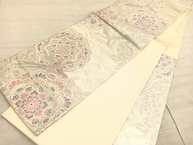 平和屋着物◎六通柄袋帯 唐織 宝相華尾長鳥花文 銀糸 正絹 逸品 BAAV8734hv