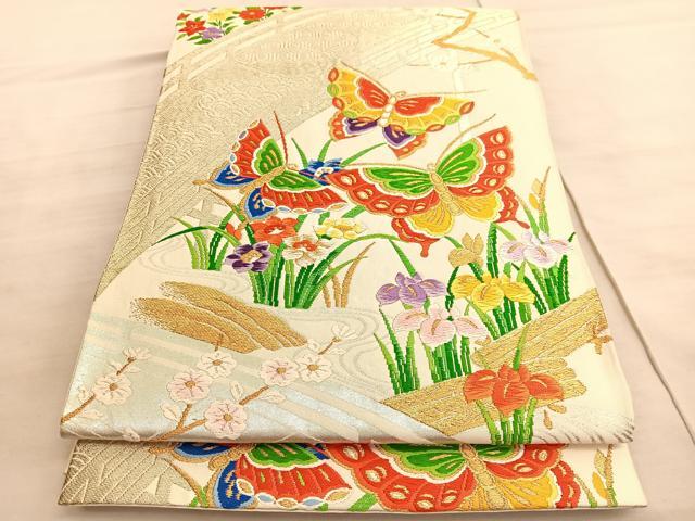 平和屋着物◎六通柄袋帯 唐織 八ツ橋舞蝶文 金銀糸 正絹 逸品 BAAV8833hv