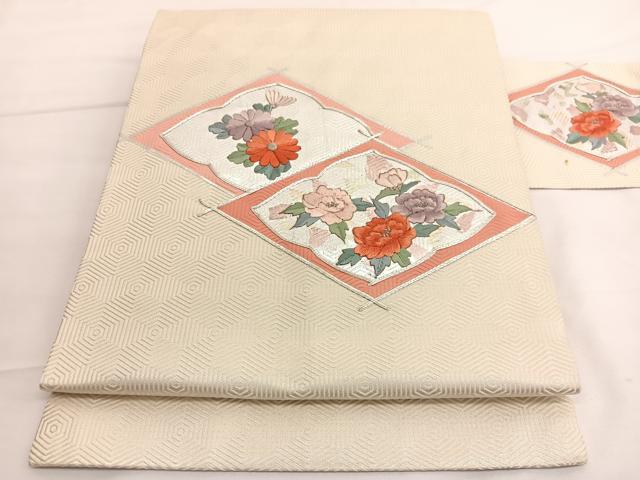 平和屋着物◎九寸名古屋帯 駒刺繍 花菱文 銀彩 正絹 逸品 BAAV8985hv