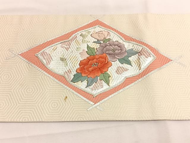 平和屋着物◎九寸名古屋帯 駒刺繍 花菱文 銀彩 正絹 逸品 BAAV8985hv