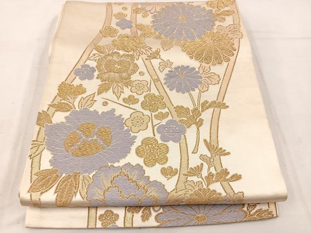 平和屋着物◎全通柄袋帯 唐織 立涌草花文 金糸 正絹 逸品