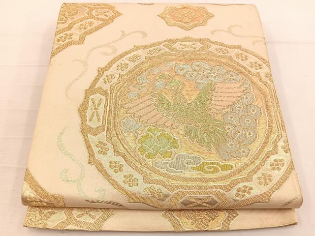 平和屋着物◎六通柄袋帯 孔雀花文 金糸 正絹 逸品 BAAV9161mz