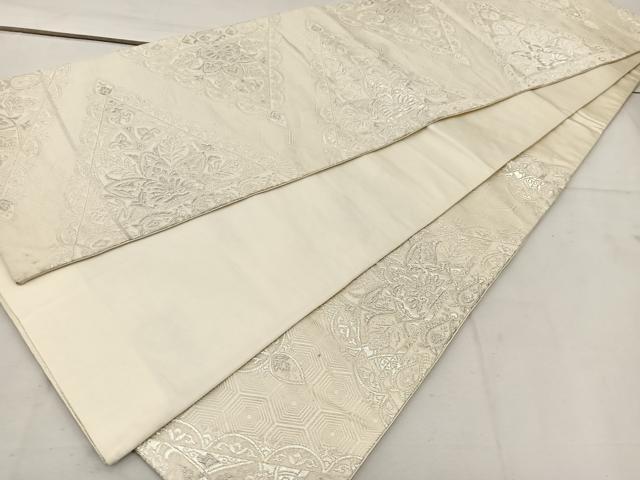 平和屋着物◎六通柄袋帯 亀甲花文 銀糸 正絹 逸品 BAAV9180mz