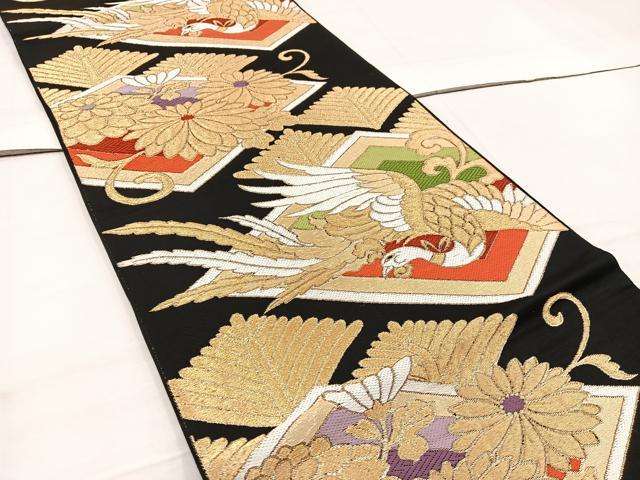 平和屋着物◎六通柄 京袋帯 鳳凰菱花文 黒地 金糸 正絹 逸品 BAAV9200mz