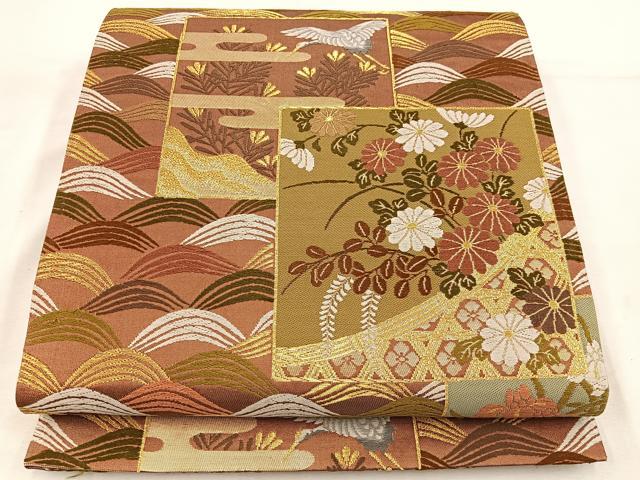 平和屋着物◎六通柄袋帯 唐織 色紙重ね飛鶴花文 金糸 正絹 逸品 BAAV9214mz