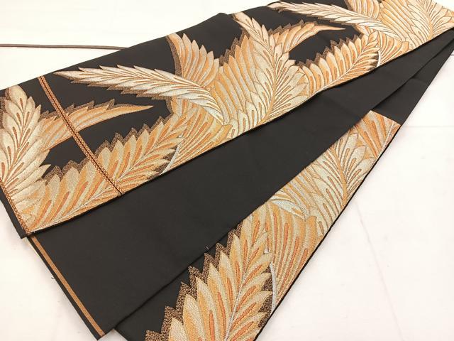 平和屋着物◎六通柄袋帯 草葉文 黒地 金銀糸 正絹 逸品 BAAV9311mz