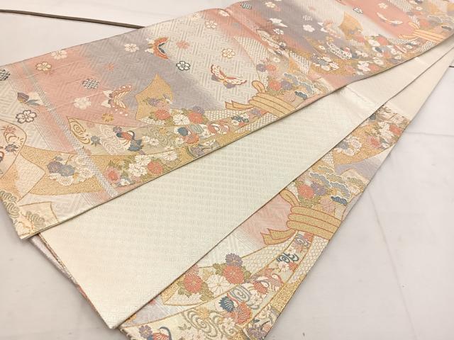 平和屋着物◎佐賀錦 六通柄袋帯 唐織 束ね熨斗鴛鴦花蝶文 金糸 正絹 逸品 BAAV9318mz