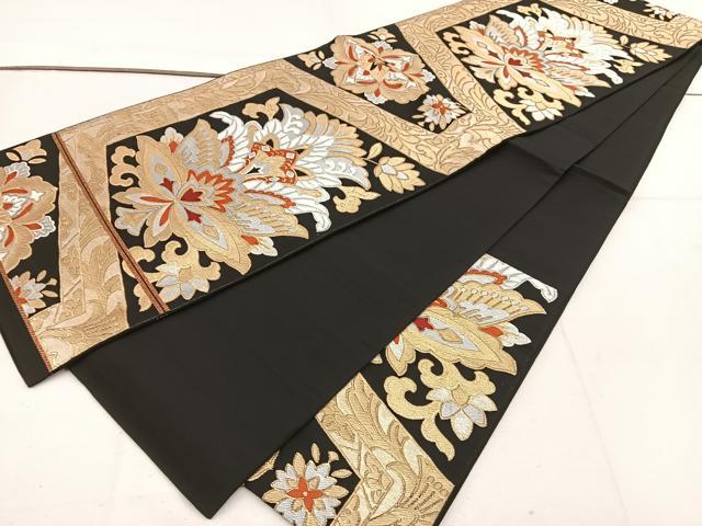 平和屋着物◎六通柄袋帯 更紗花文 黒地 金糸 BAAV9320mz