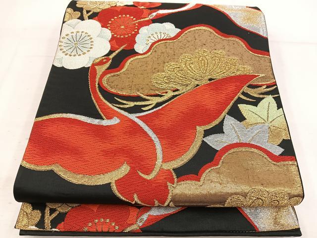 平和屋着物◎六通柄袋帯 唐織 飛鶴花文 黒地 金銀糸 正絹 逸品 BAAV9321mz