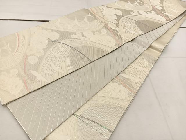 平和屋着物◎六通柄袋帯 飛鶴花文 銀糸 正絹 逸品 BAAV9342mz