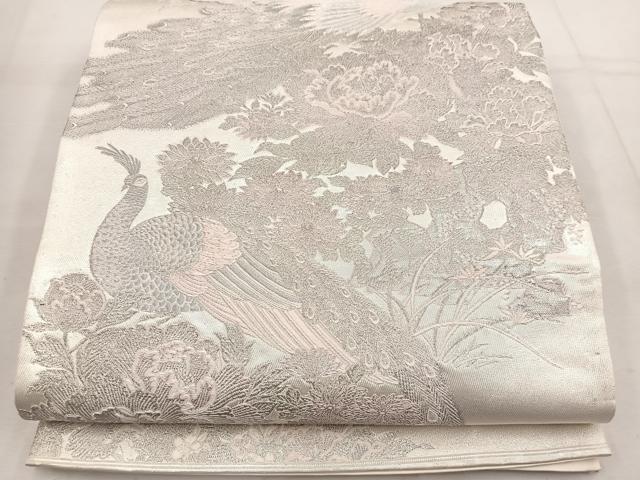 平和屋着物◎六通柄袋帯 唐織 孔雀花文 銀糸 正絹 逸品 BAAV9389mz