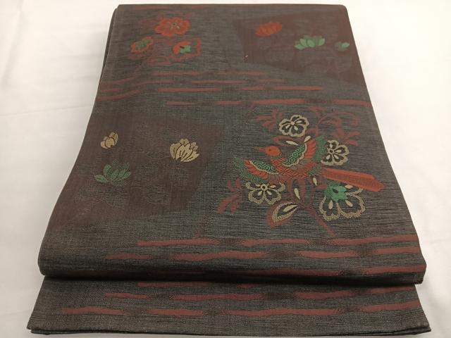 平和屋着物◎六通柄袋帯 紬地 明日香 花鳥文 正絹 逸品 BAAV9446hv