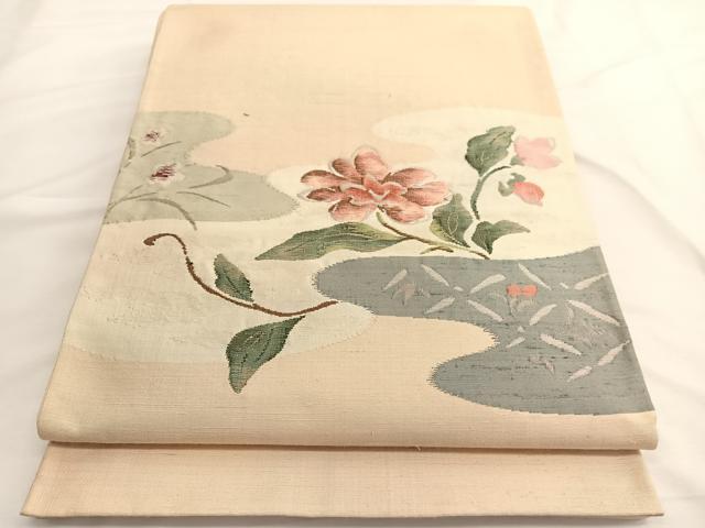 平和屋着物◎太鼓柄袋帯 紬地 すくい織 枝花文 正絹 逸品 BAAV9559hv