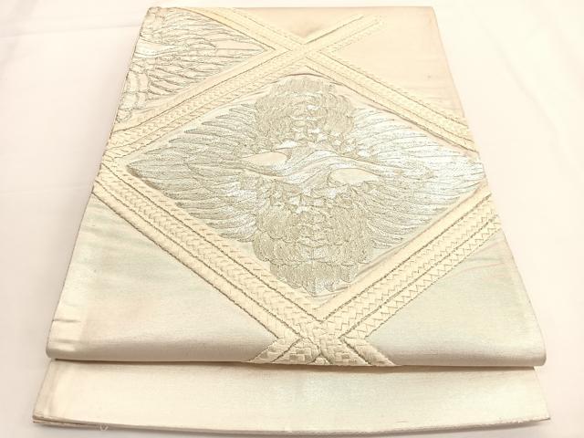 平和屋着物◎太鼓柄袋帯 総刺繍 駒刺繍 双鶴文 銀糸 引箔 正絹 逸品 BAAV9606hv