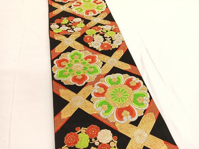 平和屋着物◎六通柄袋帯 唐織 宝相華菱天井花文 黒地 金銀糸 正絹 逸品 BAAV9665hv