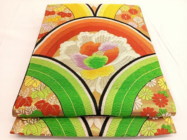 平和屋着物◎六通柄袋帯 唐織 牡丹青海波花文 黒地 金銀糸 正絹 逸品 BAAV9679hv