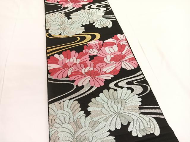 平和屋着物◎六通柄 本袋帯 唐織 流水花文 黒地 金銀糸 BAAV9696hv