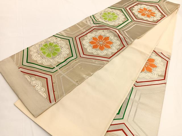 平和屋着物◎六通柄袋帯 唐織 亀甲花文 銀糸 正絹 逸品 BAAV9705hv