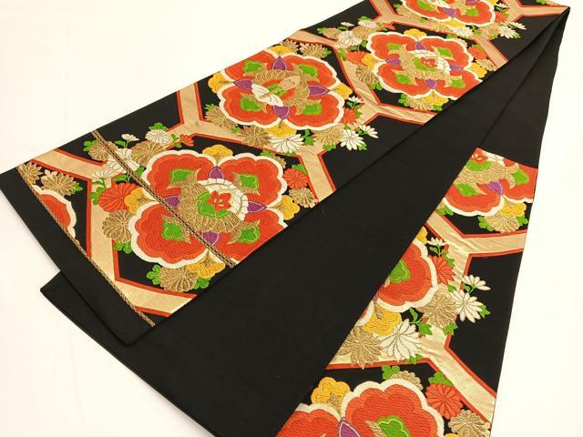 平和屋着物◎六通柄袋帯 唐織 亀甲花文 黒地 金糸 正絹 逸品 BAAV9725hv