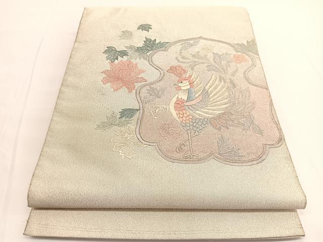 平和屋着物◎太鼓柄袋帯 総刺繍 綴れ 鳳凰花文 銀糸 正絹 逸品 BAAV9747hv