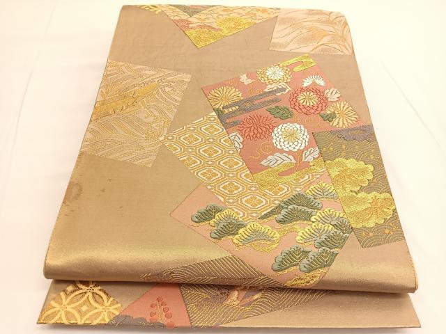 平和屋着物◎六通柄袋帯 唐織 色紙重ね立波花文 金糸 正絹 逸品 BAAV9758hv