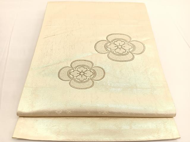 平和屋着物◎太鼓柄袋帯 総刺繍 草花文 銀糸 引箔 正絹 逸品 BAAV9772hv