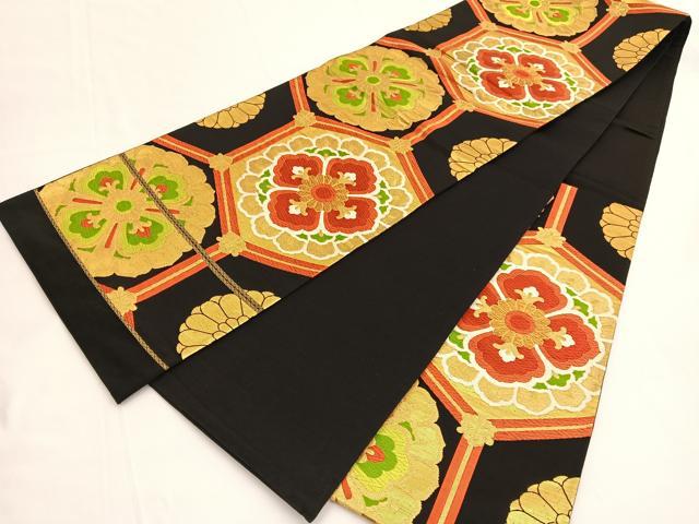 平和屋着物◎六通柄袋帯 唐織 亀甲花文 黒地 金糸 正絹 逸品 BAAV9822hv