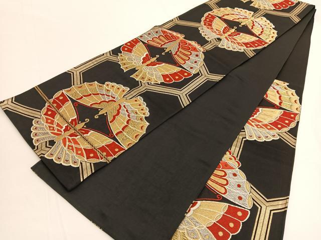 平和屋着物◎六通柄袋帯 唐織 真珠 向かい蝶 黒地 金銀糸 正絹 逸品 BAAV9854hv