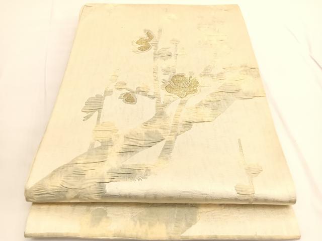 平和屋着物◎六通柄袋帯 ふくれ織 枝梅文 金糸 正絹 逸品 BAAV9887hv