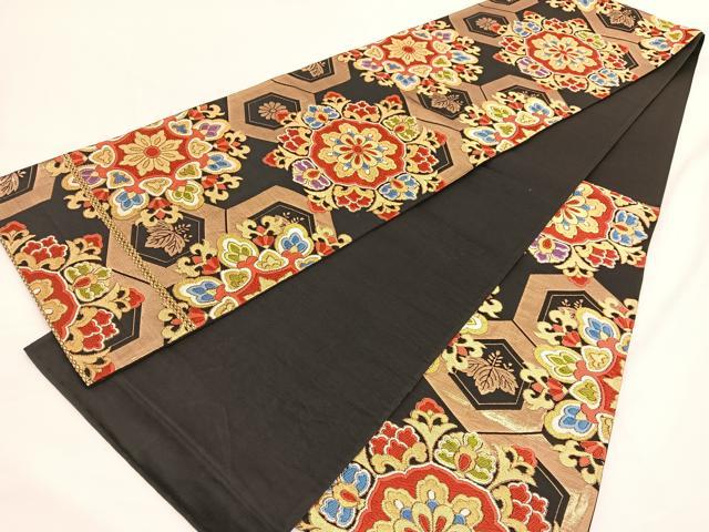 平和屋着物◎六通柄袋帯 唐織 宝相華亀甲文 黒地 金糸 正絹 逸品 BAAV9915hv