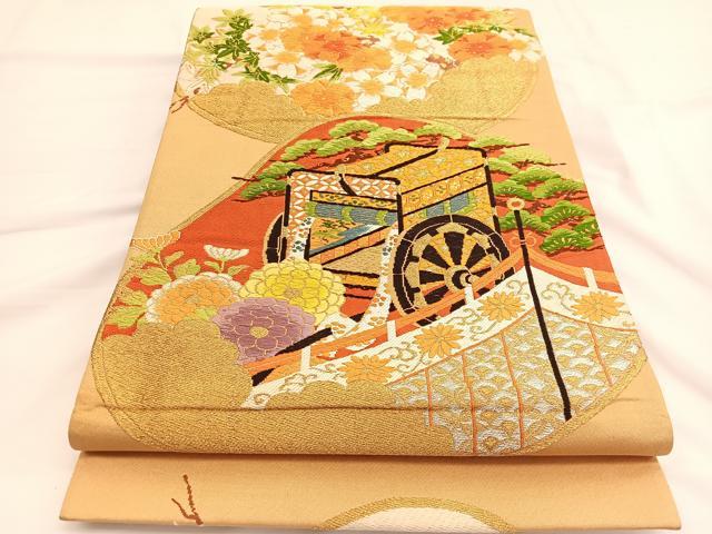 平和屋着物◎六通柄袋帯 唐織 貝合せ御所車花文 金銀糸 正絹 逸品 BAAV9928hv