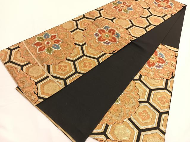 平和屋着物◎六通柄 本袋帯 唐織 宝相華亀甲花文 黒地 金糸 正絹 逸品 BAAV9936hv
