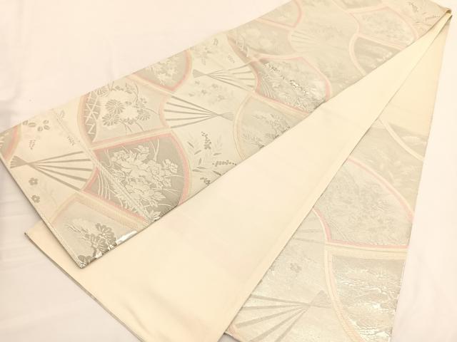 平和屋着物◎六通柄袋帯 唐織 扇面花文 銀糸 正絹 逸品 BAAV9960hv