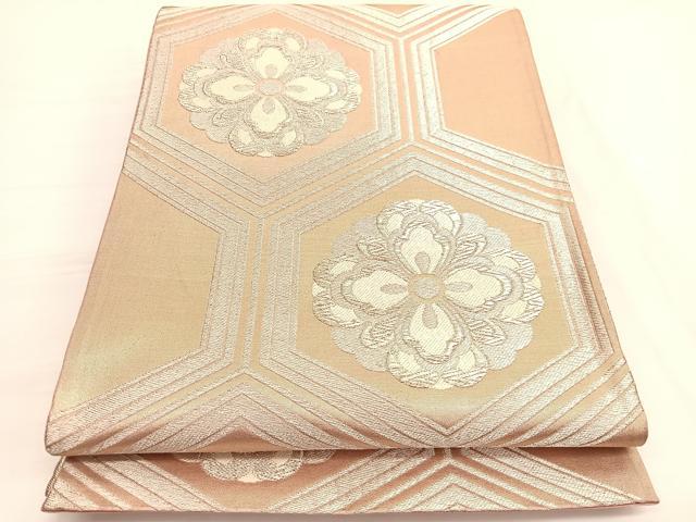 平和屋着物◎六通柄袋帯 唐織 亀甲花文 銀糸 正絹 逸品 BAAV9981hv
