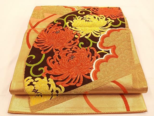 平和屋着物◎六通柄袋帯 唐織 檜扇乱菊文 金糸 正絹 逸品 BAAW0081hj