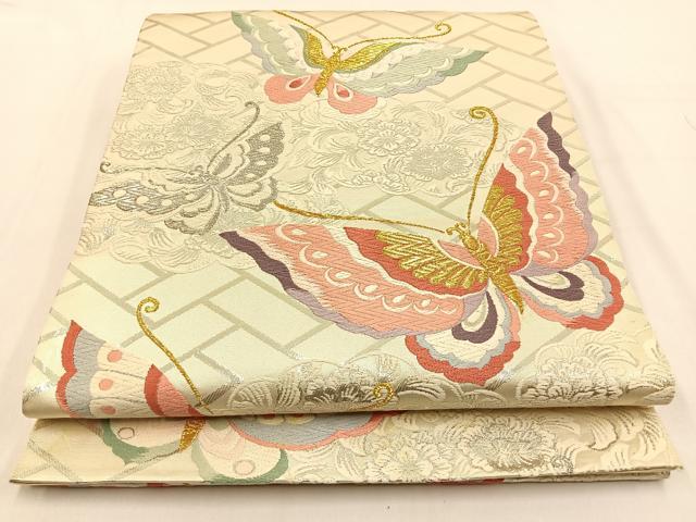 平和屋着物◎六通柄袋帯 唐織 花蝶文 金銀糸 正絹 逸品 BAAW0113hj