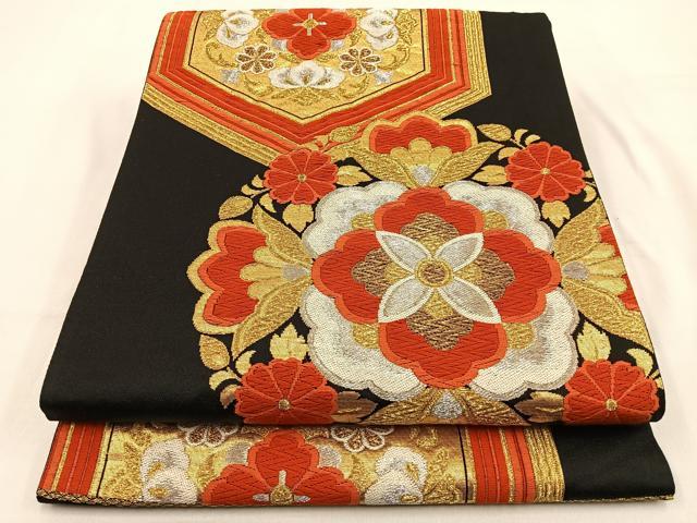 平和屋着物◎六通柄袋帯 唐織 宝相華 黒地 金銀糸 正絹 逸品 BAAW0140hj