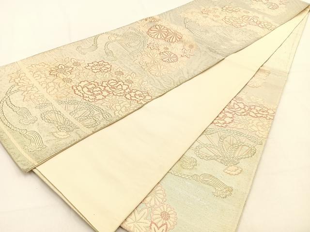 平和屋着物◎六通柄袋帯 扇面花文 銀糸 引箔 正絹 逸品 BAAW0179hj