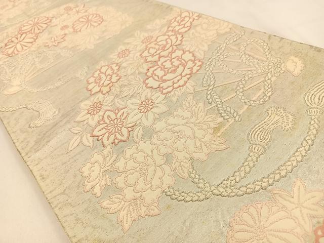 平和屋着物◎六通柄袋帯 扇面花文 銀糸 引箔 正絹 逸品 BAAW0179hj
