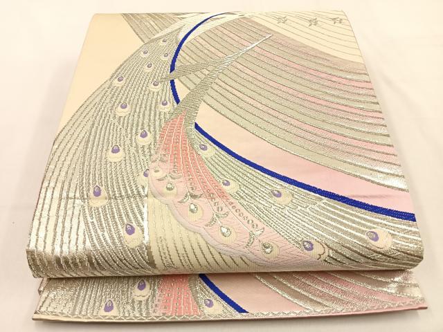 平和屋着物◎六通柄袋帯 唐織 孔雀 銀糸 正絹 逸品 BAAW0181hj