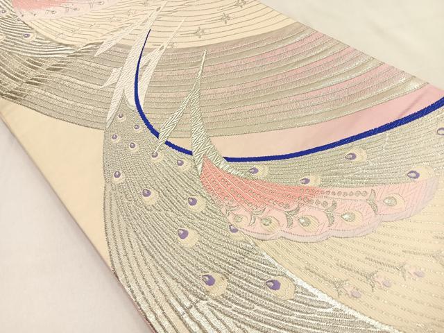 平和屋着物◎六通柄袋帯 唐織 孔雀 銀糸 正絹 逸品 BAAW0181hj