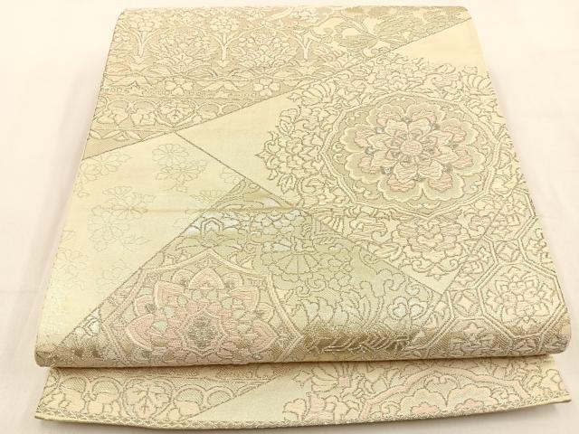 平和屋着物◎六通柄袋帯 唐織 切嵌正倉院文 銀糸 正絹 逸品 BAAW0209hj