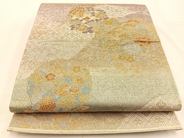 平和屋着物◎六通柄袋帯 重ね山花鳥丸文 金銀糸 正絹 逸品 BAAW0223hj