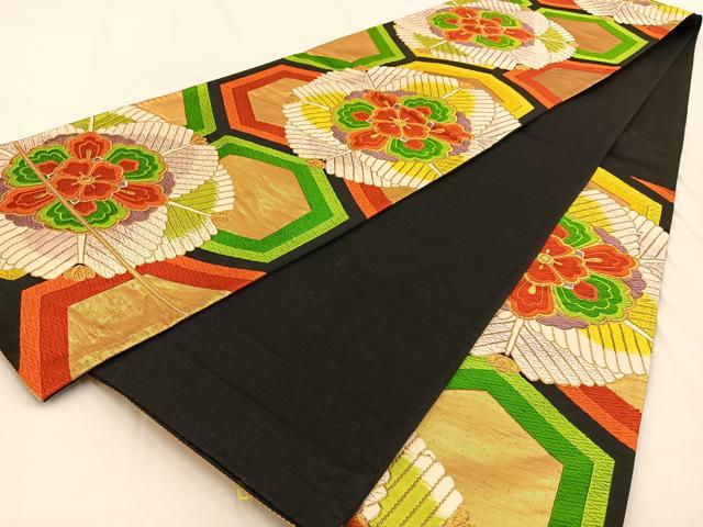平和屋着物◎六通柄袋帯 唐織 亀甲正倉院花文 黒地 金糸 正絹 逸品 BAAW0237hj