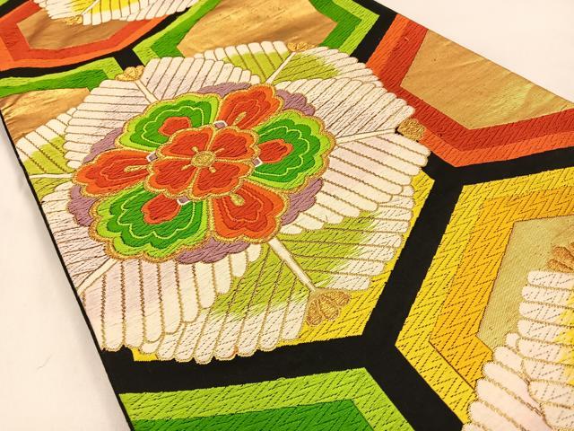 平和屋着物◎六通柄袋帯 唐織 亀甲正倉院花文 黒地 金糸 正絹 逸品 BAAW0237hj