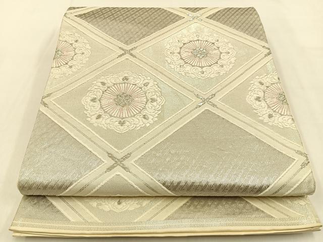 平和屋着物◎六通柄袋帯 唐織 九百白眉錦 菱天井正倉院文 銀糸 正絹 逸品 BAAW0254hj